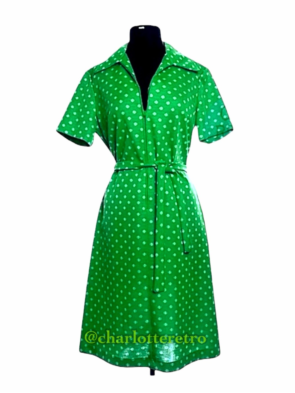 vtg Slime Green Polka Dot Dress w Belt